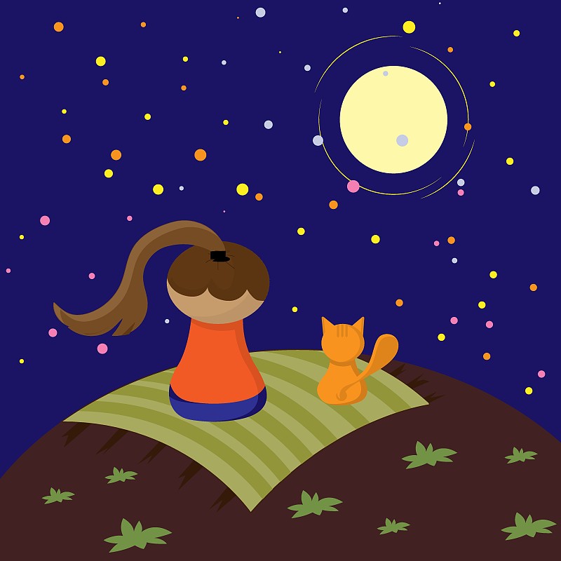 小毯子,小猫,天空,夜晚,女孩,公亩,看,坐,空的,光亮
