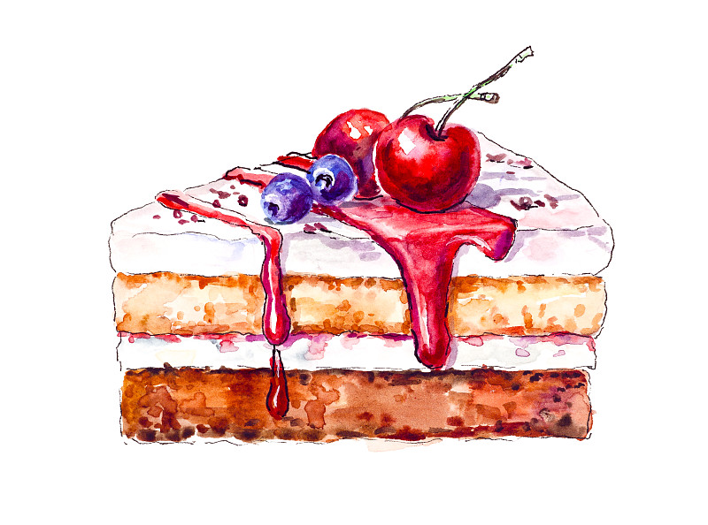 浆果,生日蛋糕,白色背景,分离着色,切片食物,水彩画颜料,背景分离,蛋糕,饮食,食品