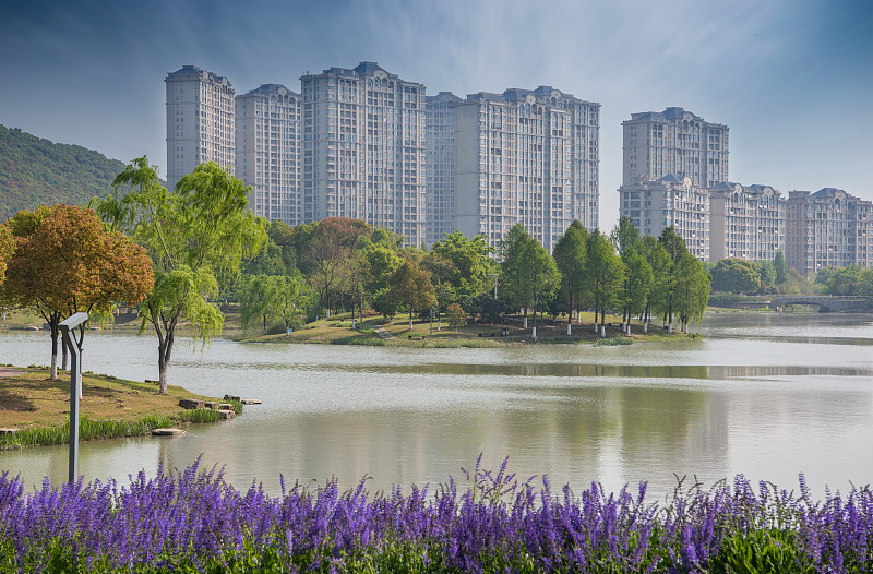 现代,倒影湖,建筑外部,都市风光,熏衣草,商务,房屋建设,环境,云,环境保护