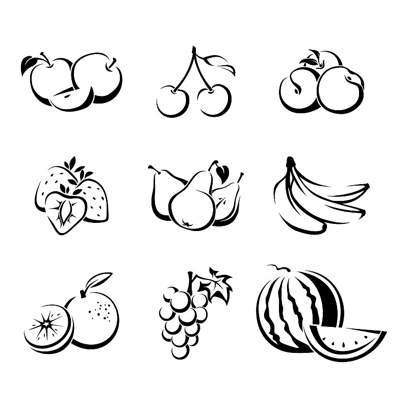 黑白图片,矢量,水果,轮廓线画,多样,清新,背景分离,食品,橙子,西瓜