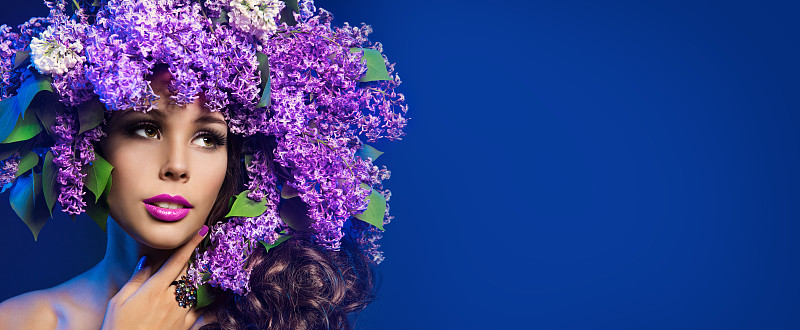 紫色,时装模特,女人,丁香花,蓝色,帽子,花环,发型,自然美,肖像