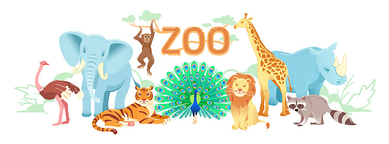 动物园,地形,虎,犀牛,野生动物,孔雀,矢量,绘画插图,狮子,猴子