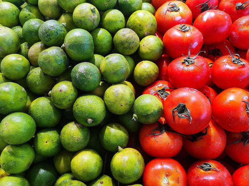 绿色,反差,彩色图片,红色,西红柿,柠檬,农业,泰国,熟的,植物