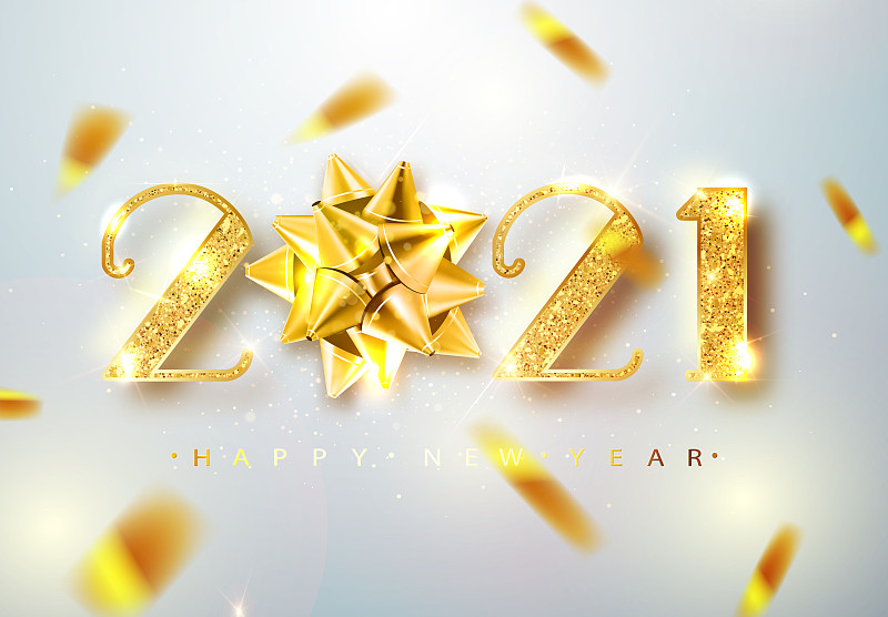 新年前夕,2021,背景,黄金,矢量,数字,蝴蝶结,标语,明亮,事件
