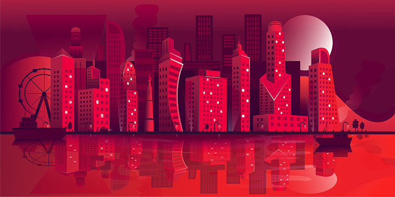 都市风景,全景,绘画插图,矢量,红色,夜晚,股票,商务,城市生活,土耳其