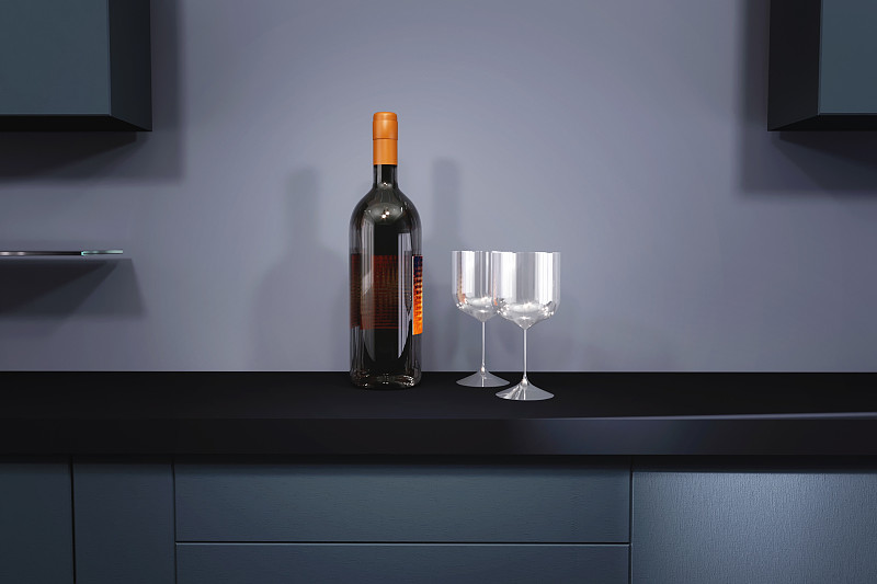 三维图形,室内,两个物体,酒瓶,桌子,玻璃杯,厨房,现代,事件,葡萄酒