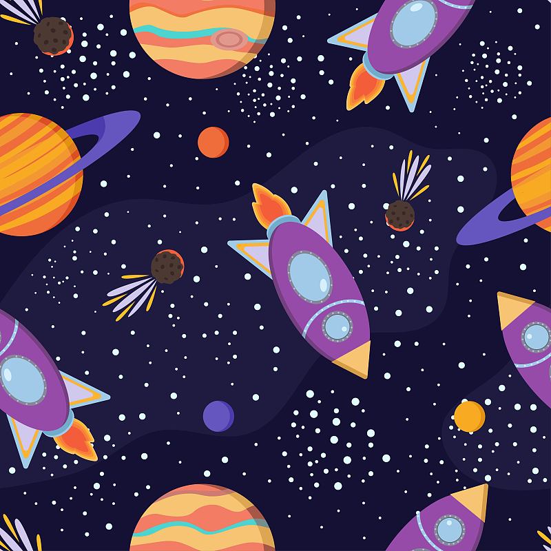太空,星星,四方连续纹样,小行星,绘画插图,月亮,行星,色彩鲜艳,太空船,秘密