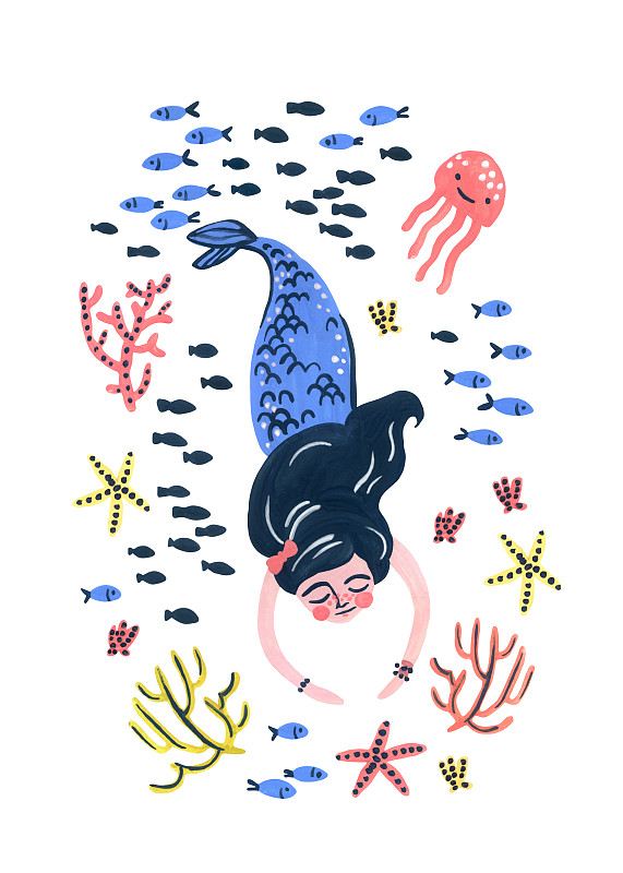 可爱的,美人鱼,海洋,鱼类,海报,植物群,水母,水彩画,水彩画颜料,海洋生命