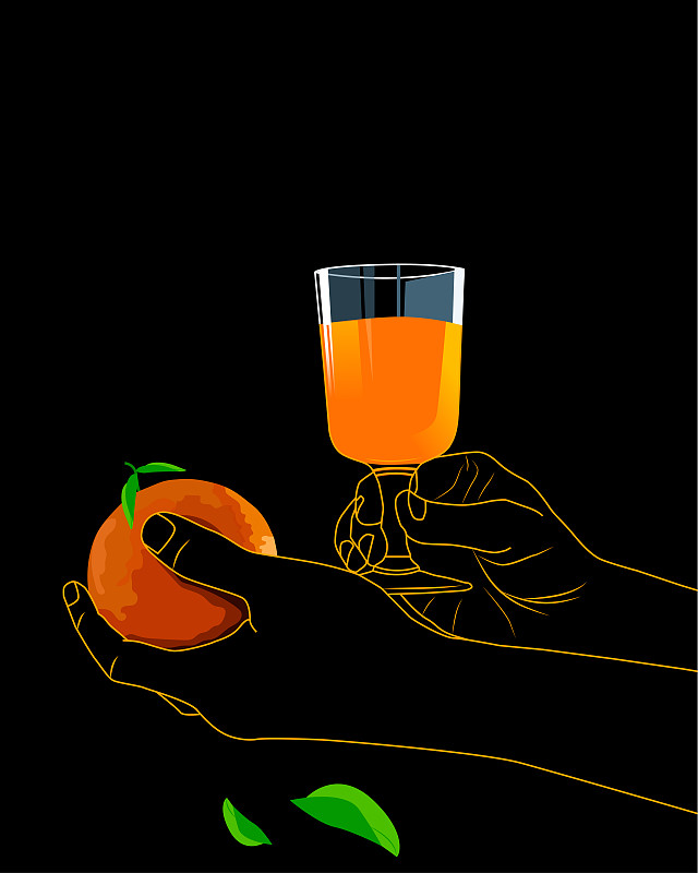 玻璃杯,绘画插图,橙汁,手牵手,饮料,部分,清新,一个人,橙色,果汁