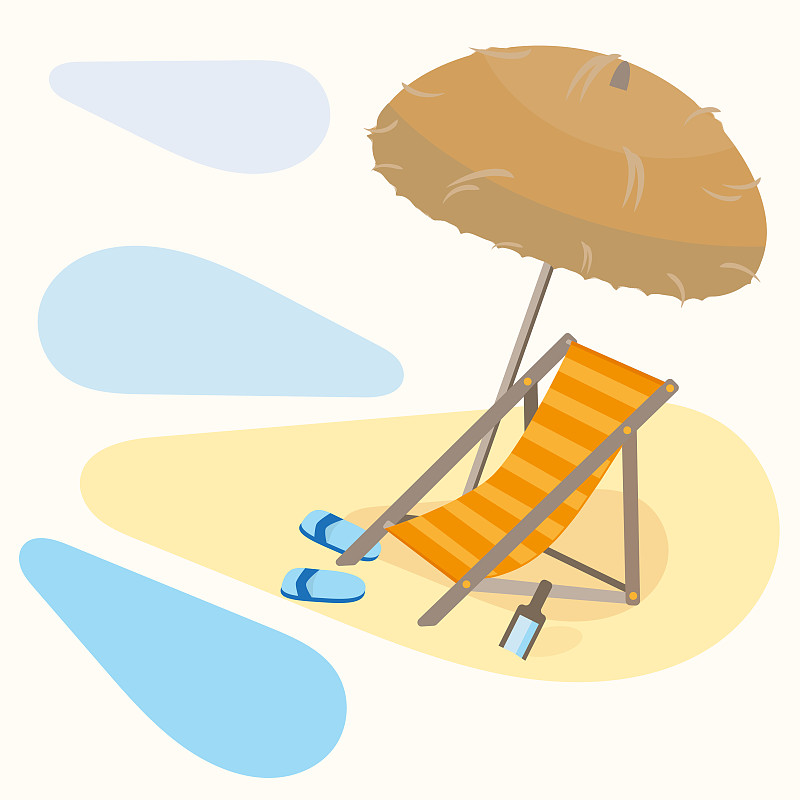 海滩,拖鞋,瓶子,绘画插图,饮料,蓝色,褐色,稻草,矢量,扁平化设计