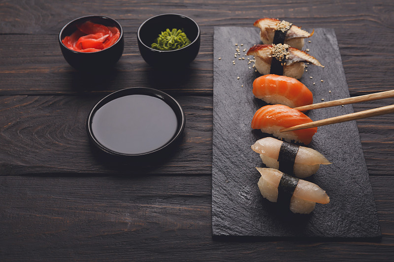 寿司,背景,木制,特写,黑色背景,生姜,传统,蔬菜,多样