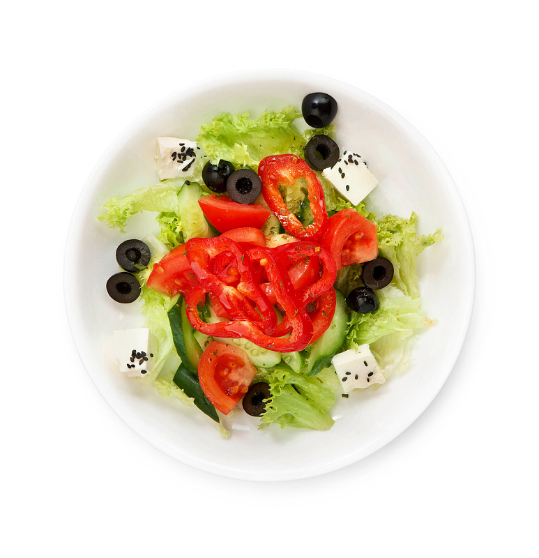 白色背景,碗,希腊沙拉,分离着色,背景分离,餐具,沙拉,份量,白色,奶酪