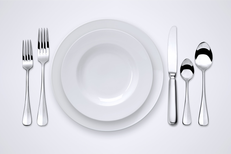 餐位,正上方视角,高视角,盘子,餐具,碗,餐桌,汤匙,烹调用具,食品