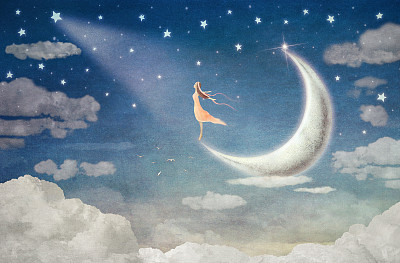天空,女孩,夜晚,月亮,就寢時(shí)間,超現(xiàn)實(shí)主義的,云景,午夜,藝術(shù)家,靈感
