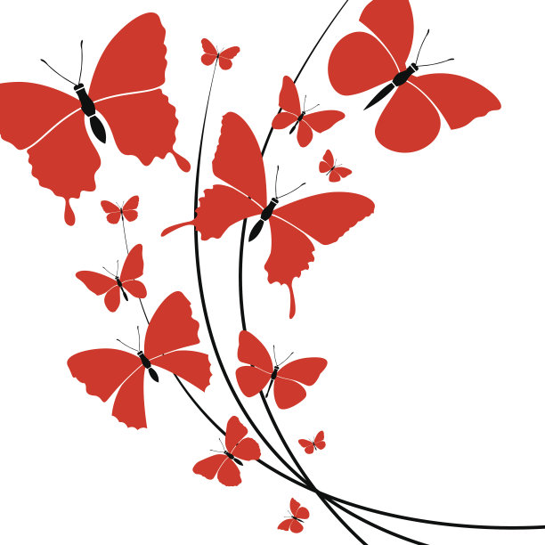 黑色和红色的蝴蝶在花上飘扬