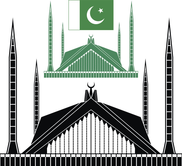 巴基斯坦,费萨尔清真寺,背景分离,著名景点,古典式,建筑,绘画插图