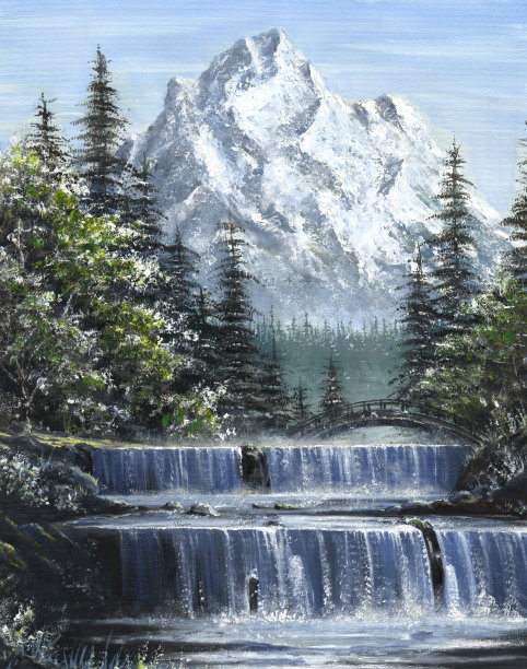 高山瀑布油画
