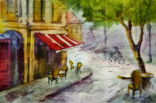 彩绘巴黎街边餐馆
