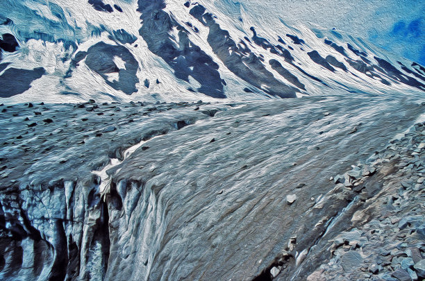 油画远山雪景