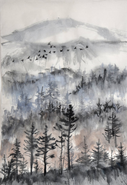 抽象树林迷雾森林山水飞鸟画