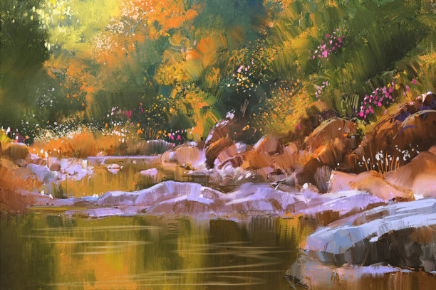 油画,山涧溪流