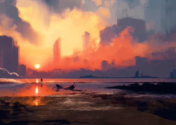 风景油画海边晨光