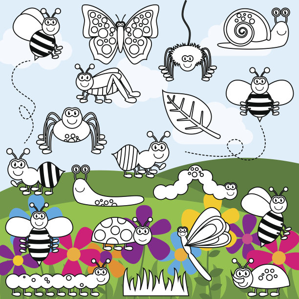 蜜蜂 昆虫 花丛 瓢虫 卡通