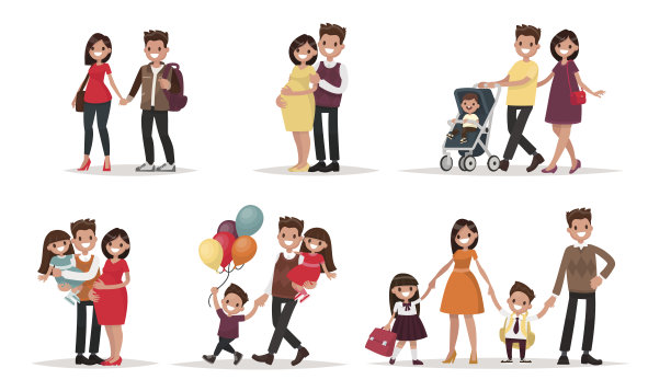 人物情侣家庭生活插画幸福一家人