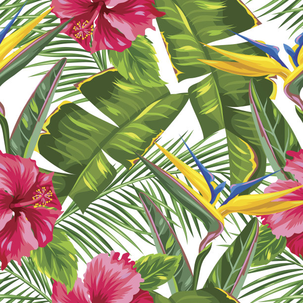 热带树叶花鸟植物印花面料图案