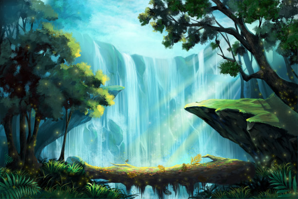 瀑布山水风景画
