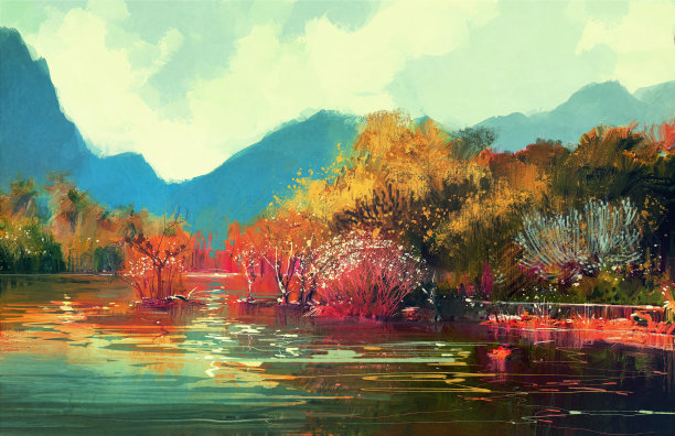 山峰湖泊风景画