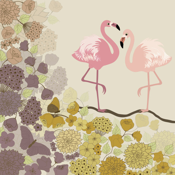 火烈鸟与植物卡通印花