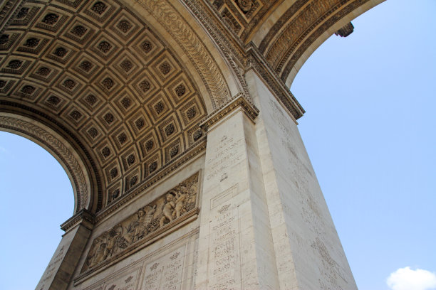 仰视法国巴黎凯旋门上的雕塑