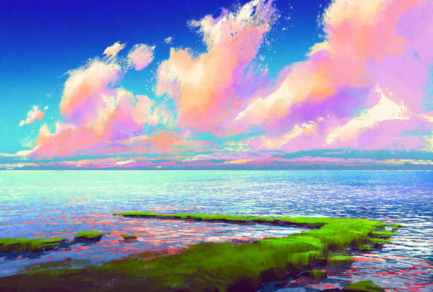 美丽的水彩画背景与湖