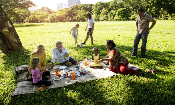 在公园里野餐的一家人