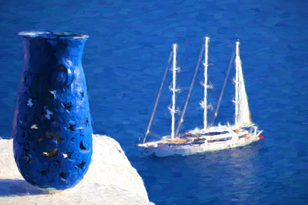 蓝色海洋油画白色帆船装饰画