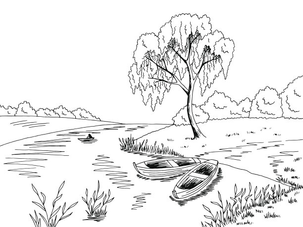 船,河流,草图,绘画插图,白色,矢量,地形,黑色,插画,芦苇