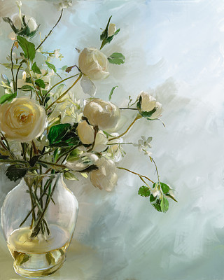 装饰画 蓝色花瓶 白色玫瑰花