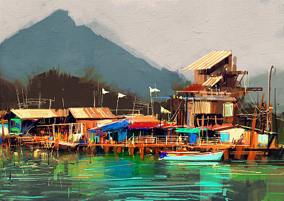 码头风景油画