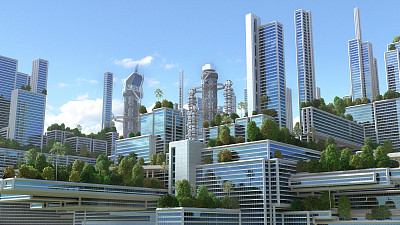 在城市的现代玻璃摩天大楼