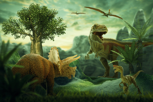 草地上的恐龙模型