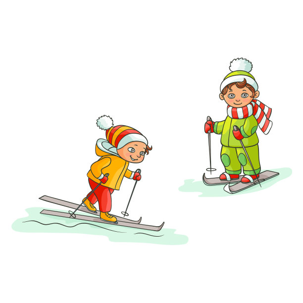 卡通风小男孩雪地滑雪