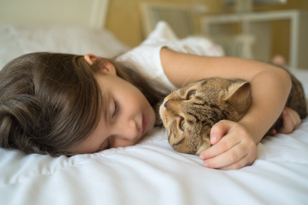 女孩抱着猫咪睡觉