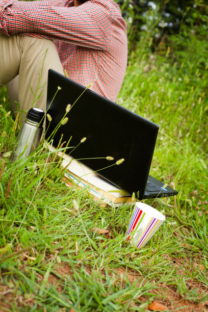 草地商务男士使用笔记本电脑