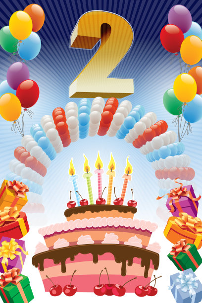 彩色生日蛋糕和气球贺卡矢量图