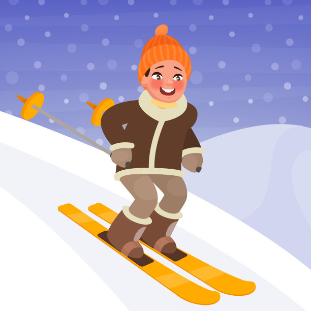 卡通风小男孩雪地滑雪