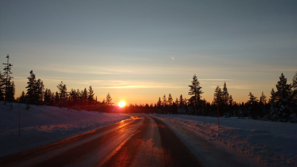 清晨冬季森林积雪公路