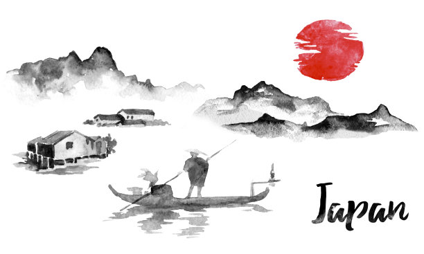 中式山湖插画