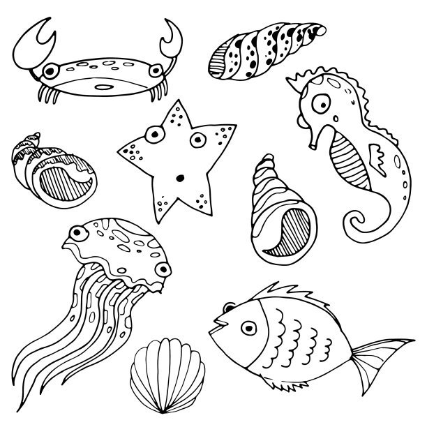 卡通,螃蟹,鱼类,海星,草图,海洋生命,海马,绘制,布置,着色