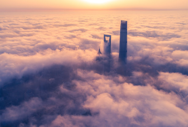 日出,高楼,雾